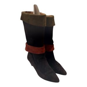 Phyllis Poland Brown‎ Suede Tri-Color Tall Boots Made in Italy 9 B Kitten Heel